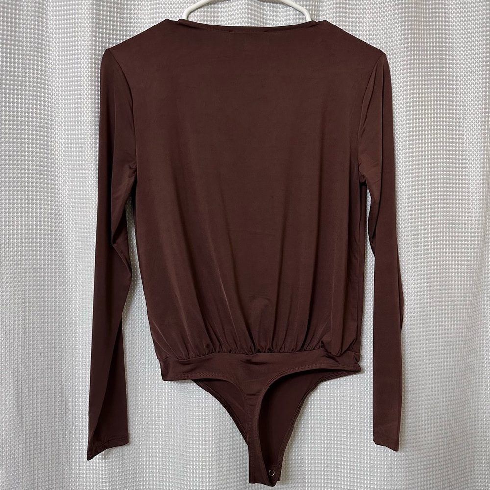 Express • Long-Sleeve Wrap Front Bodysuit • Chocolate Brown • Size XS - Picture 8 of 8